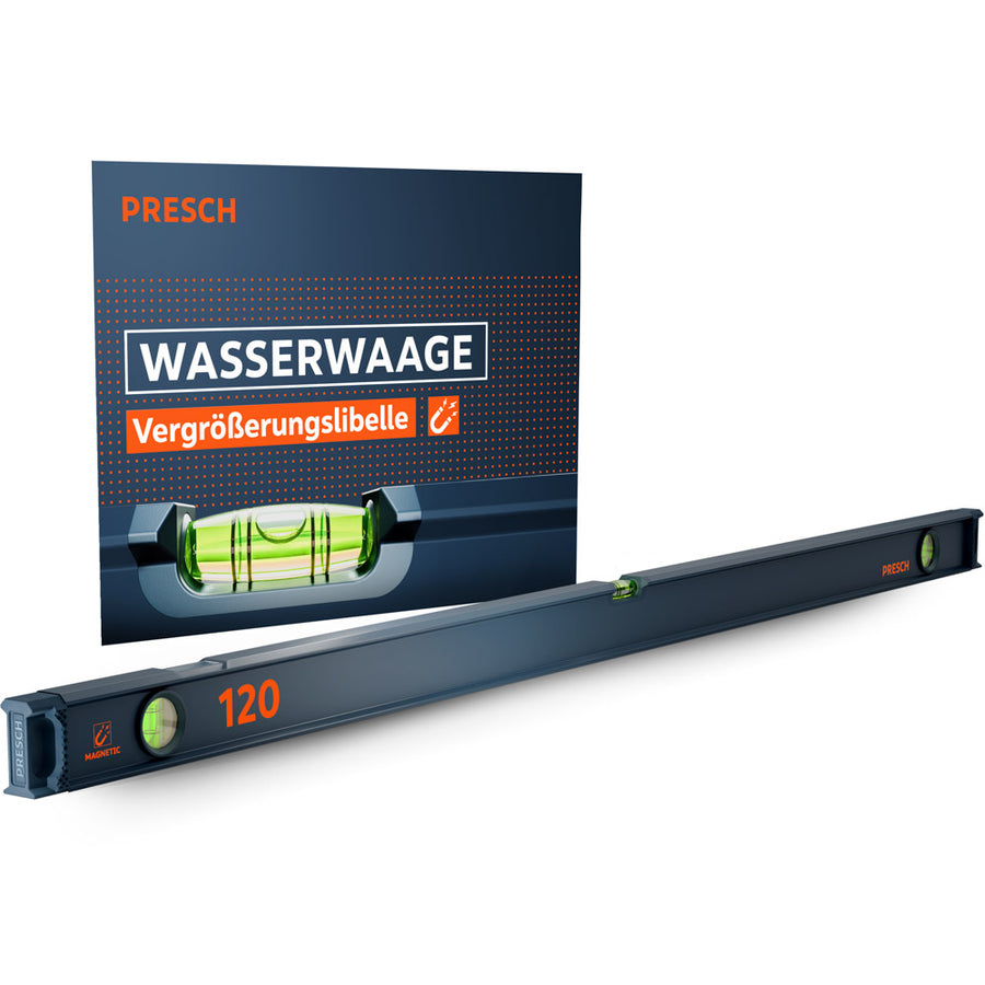 Die magnetische PRESCH 120cm Wasserwaage in Dunkelblau mit drei Libellen und markanten orangefarbenen Akzenten, präsentiert vor der Produktverpackung, die die integrierte Vergrößerungslibelle und Magnetfunktion hervorhebt.