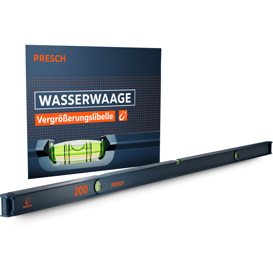 Die magnetische PRESCH 200cm Wasserwaage in Dunkelblau mit drei Libellen und markanten orangefarbenen Akzenten, präsentiert vor der Produktverpackung, die die integrierte Vergrößerungslibelle und Magnetfunktion hervorhebt.