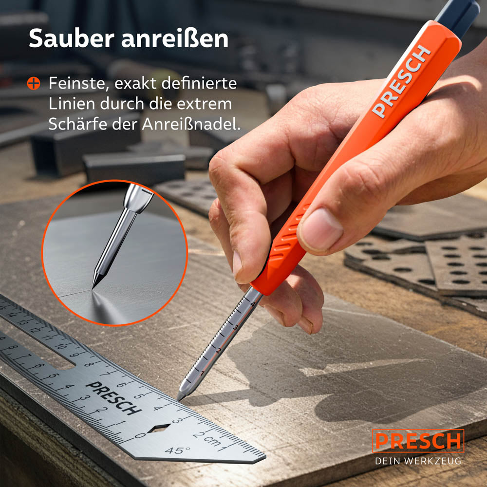 Sauberes Anreißen auf Metall: Eine Hand führt den Marker mit der extrem scharfen Nadel präzise entlang eines Anreißwinkels.