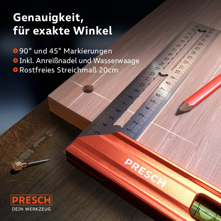 PRESCH équerre d'angle 200 mm avec angle intégré de 45° et niveau à surface en bois pour des travaux de mesure et de marquage précis en menuiserie.