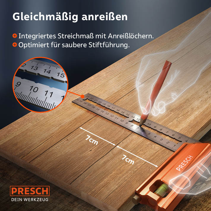 PRESCH équerre de butée 200 mm avec fonction de marquage et règle intégrée pour surface en bois.