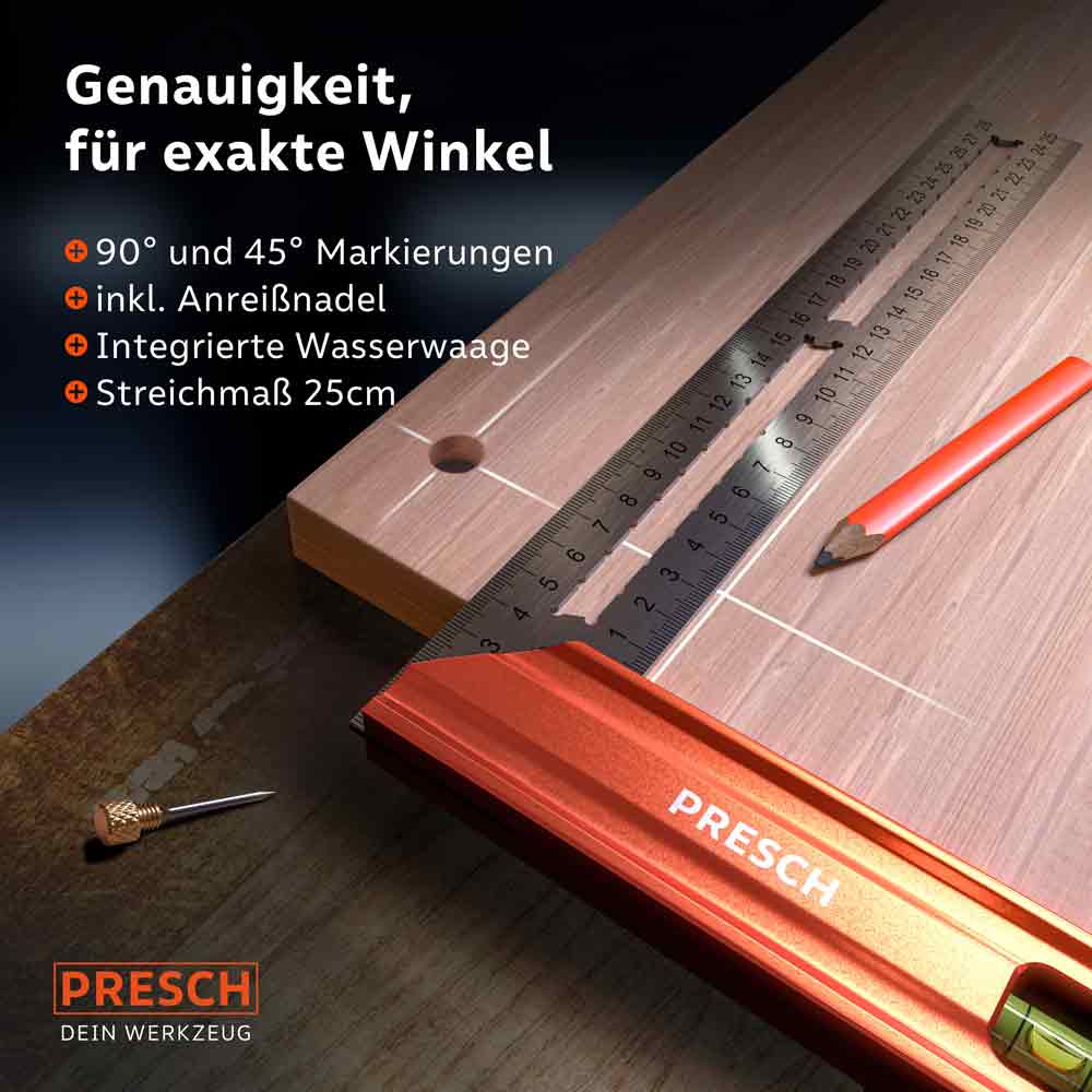 Presch Anschlagwinkel 250mm für präzise Winkel- und Markierungsarbeiten mit integrierter Wasserwaage und Anreißfunktion.