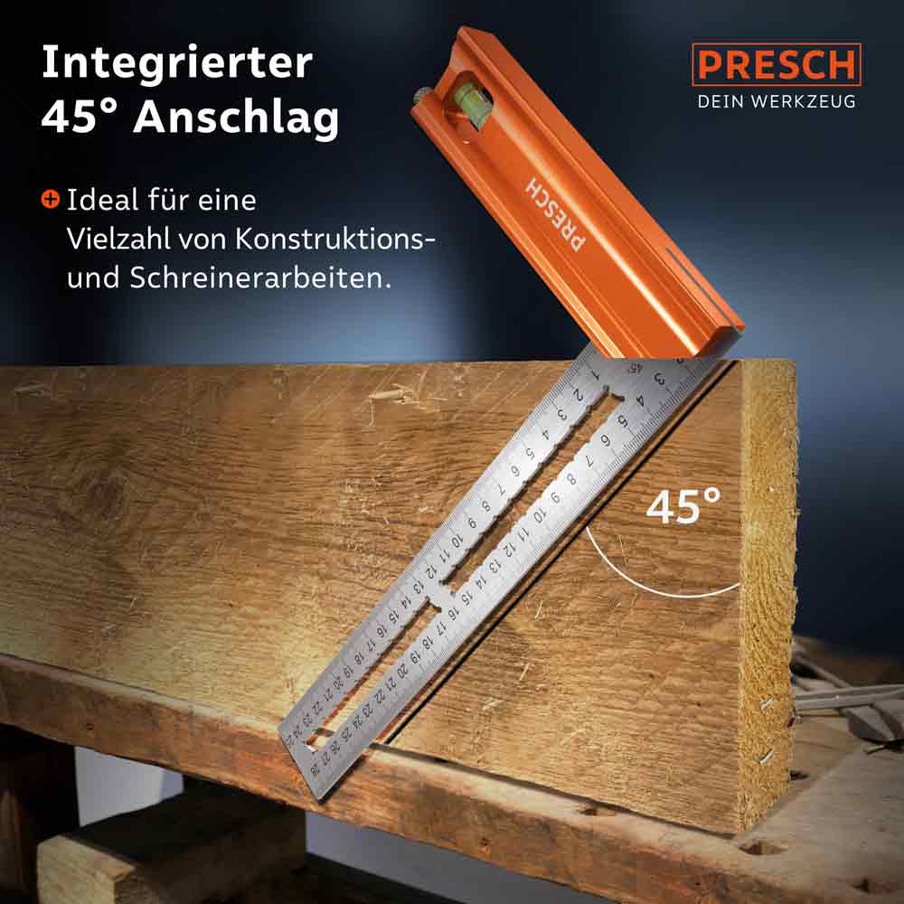 PRESCH Anschlagwinkel 250mm mit integriertem 45-Grad-Winkel und Wasserwaage auf Holzstück, Messwerkzeug für präzises Arbeiten im Handwerk und Bau.