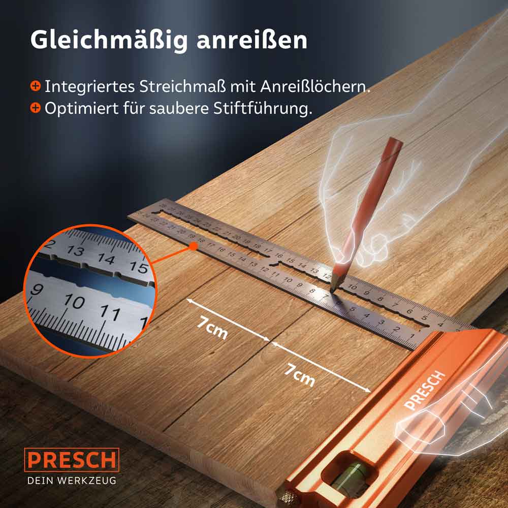 PRESCH Anschlagwinkel 250mm für präzises Anreißen mit integriertem Streichmaß und Wasserwaage auf Holzoberfläche.