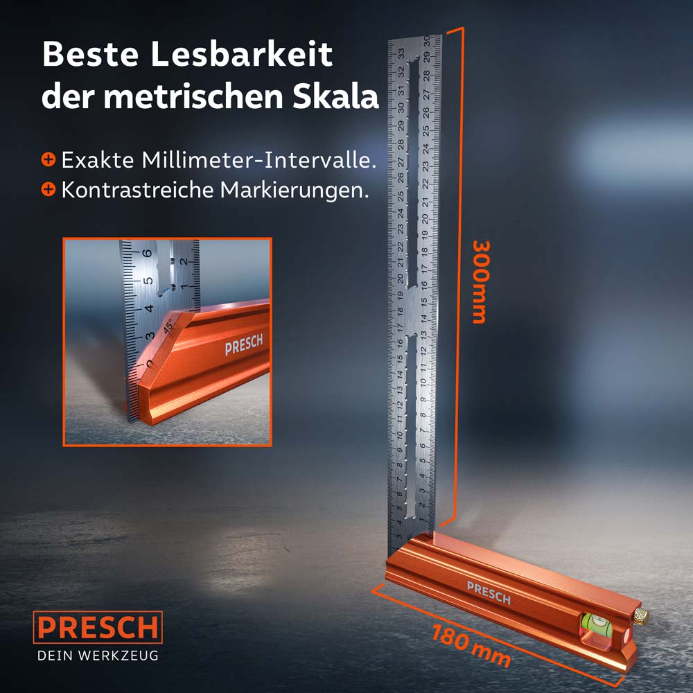 PRESCH Anschlagwinkel 300mm mit klarer metrischer Skala und kontrastreichen Markierungen zur präzisen Messung