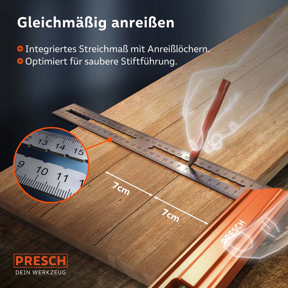 300mm Anschlagwinkel von PRESCH mit Skalierung und Anreißlöchern für präzises Arbeiten und Markierungen.