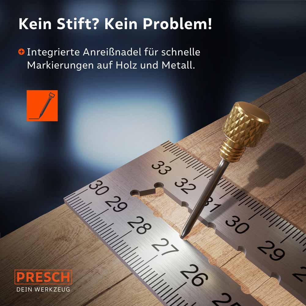 PRESCH Anschlagwinkel 300mm mit integrierter Anreißnadel und Messskala für präzise Markierungen auf Holz und Metall.