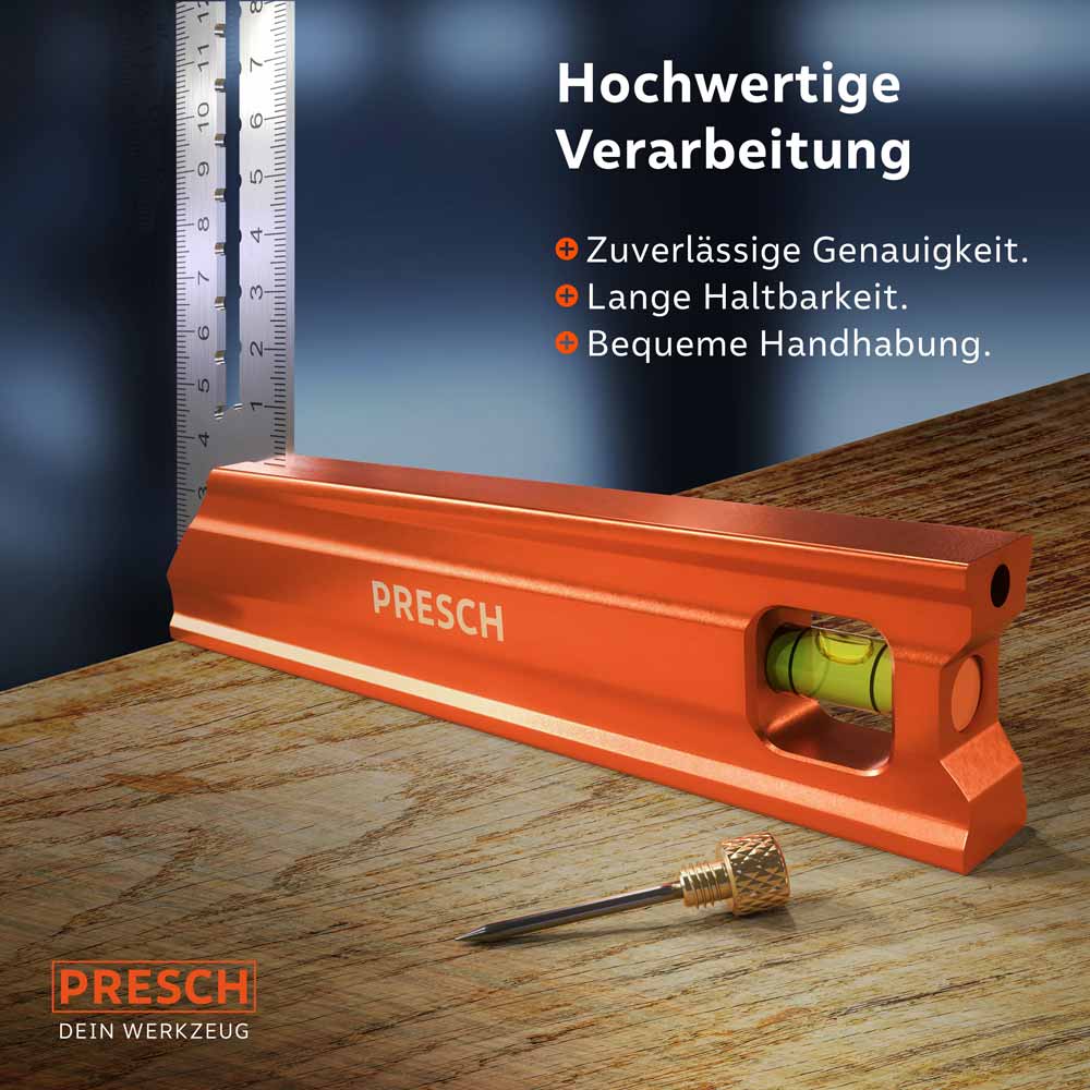 PRESCH Anschlagwinkel 300mm für präzise Messungen und Markierungen, inklusive Wasserwaage und robustem Design.