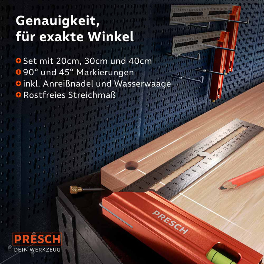 PRESCH hoeksysteemset met verschillende maten voor nauwkeurige metingen, inclusief brandpen en waterpas in een werkplaatsomgeving.