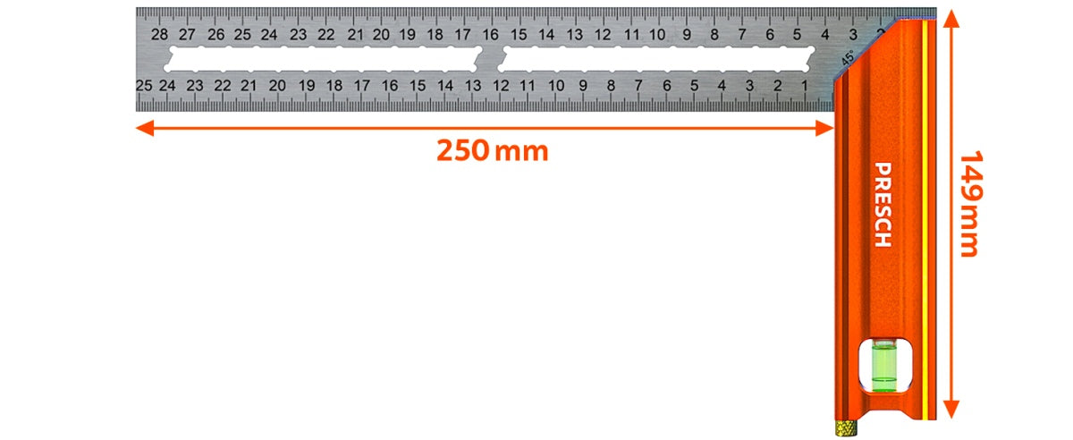 PRESCH Anschlagwinkel 250mm mit Wasserwaage und Maßskala.