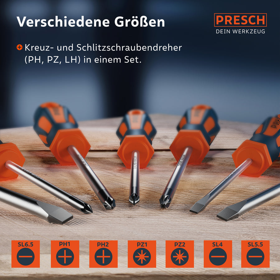 Übersicht der verschiedenen Schraubendreher-Größen: SL4, SL5.5, SL6.5, PH1, PH2 sowie PZ1 und PZ2 mit entsprechenden Symbol-Icons.
