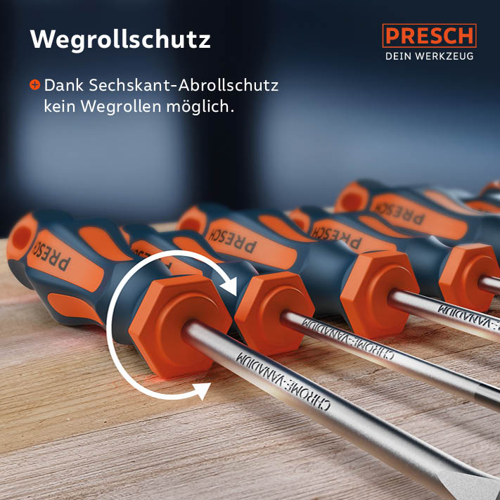 Darstellung des Sechskant-Abrollschutzes am Griff, der das Wegrollen der Schraubendreher auf unebenen Flächen verhindert.