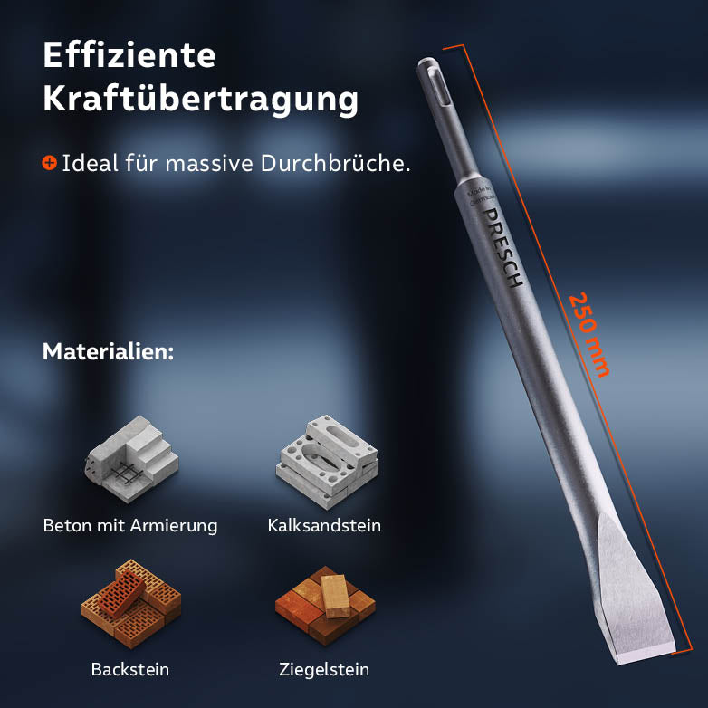 Der Flachmeißel mit 250 mm Länge ist für kraftvolle Durchbrüche in Beton, Kalksandstein und Ziegelstein geeignet.