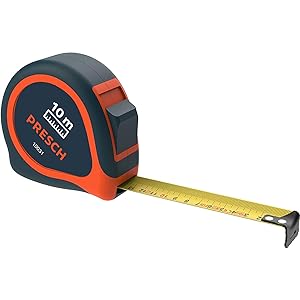 PRESCH Bandmaß 10m mit rutschfestem Gehäuse und präziser Skala, Rollmaßband, Maßband