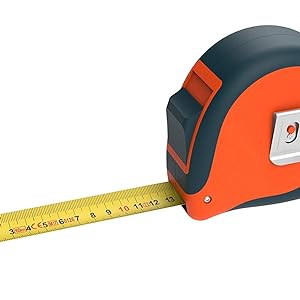 Presch Bandmaß in Orange-Schwarz mit herausgezogenem gelben Maßband und metrischer Skala