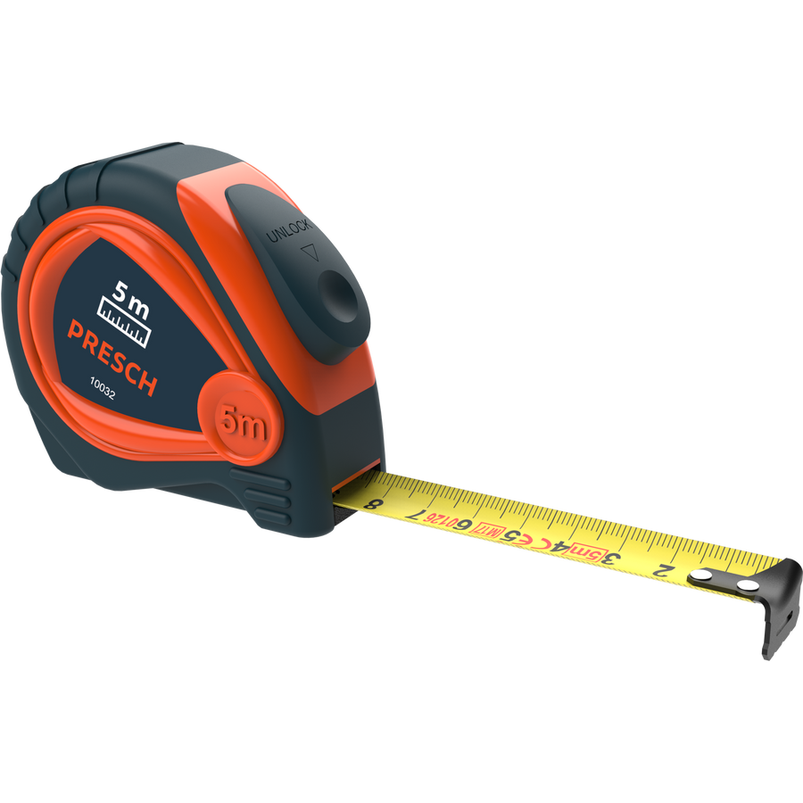 Het meetlint van 5 meter lengte toont het uitgetrokken gele meetlint met zwarte eindlus.