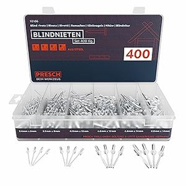 PRESCH Blindnietenset 3,2 mm mit verschiedenen Nietgrößen in sortierter Box, Nietzubehör und Befestigungsmaterial.