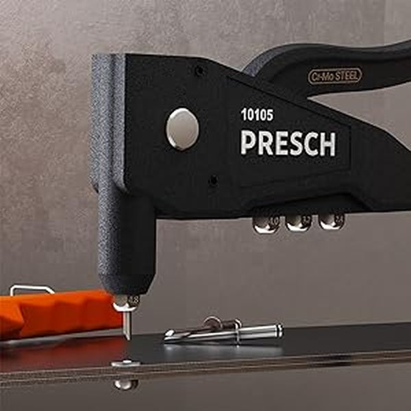 PRESCH Blindnietenzange in Aktion, zeigt Nietwerkzeug mit hochwertigem Griff und Nieten.