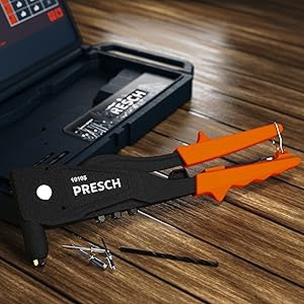 PRESCH Blindnietenzangenset mit verschiedenen Nietgrößen auf einem Holztisch