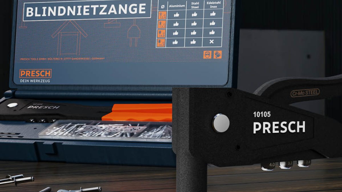 PRESCH Blindnietenzangenset in einer Werkzeugbox mit verschiedenen Einsatzköpfen und Nieten für Heimwerker und Profis