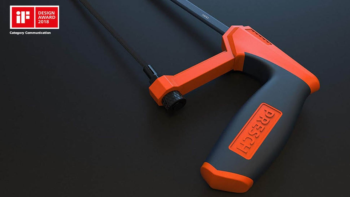 PRESCH Bügelsäge 150mm mit ergonomischem Griff und präziser Sägeblattführung, ausgezeichnet mit dem iF Design Award 2018.