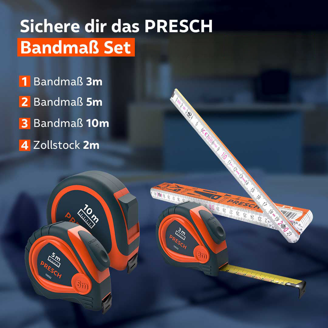 Das Bandmaß Sparset umfasst drei Bandmaße und einen Zollstock, griffbereit auf einer Werkbank drapiert.