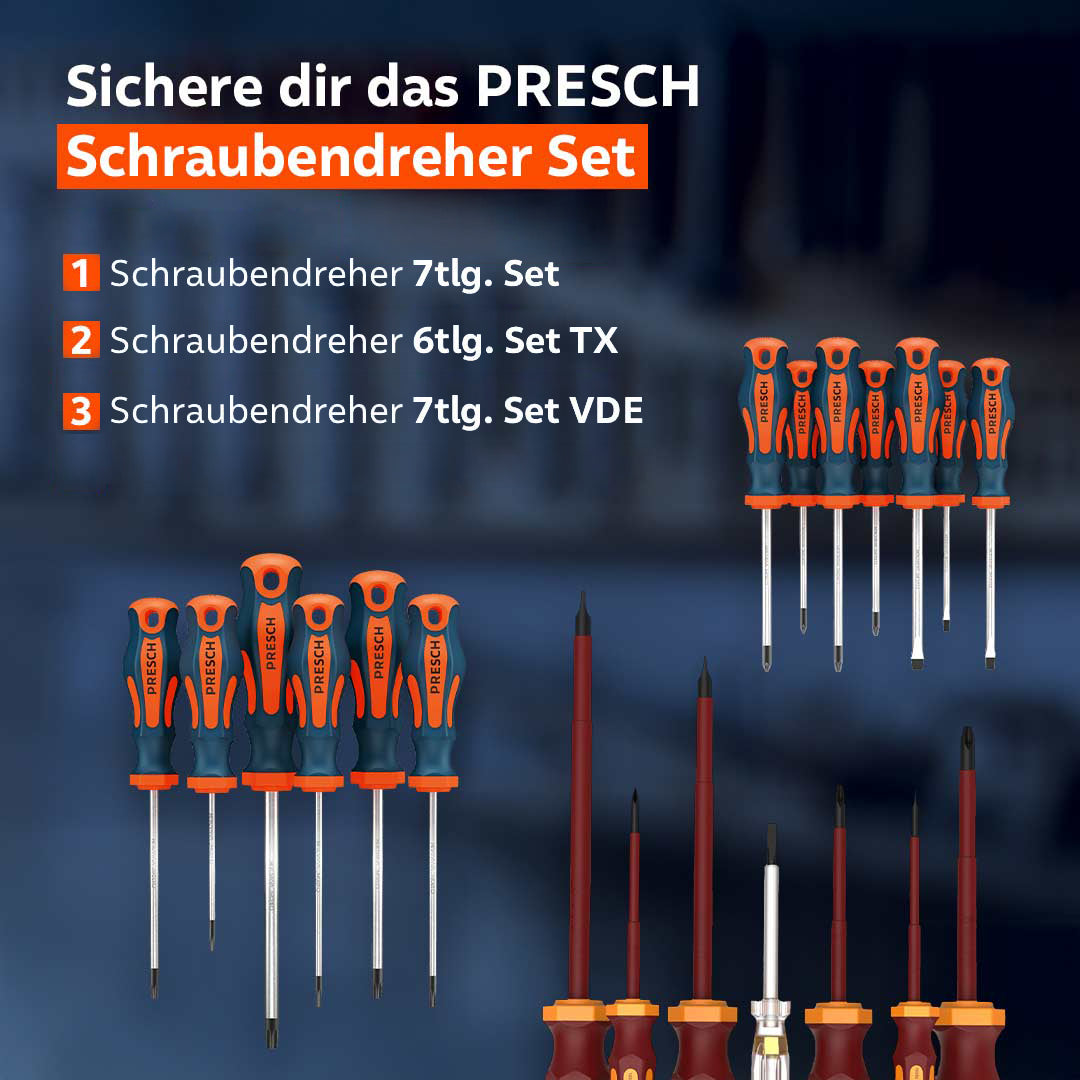 Das Sparset umfasst drei Schraubendreher-Sets: Standard, TX-Torx und isolierte VDE-Ausführung.