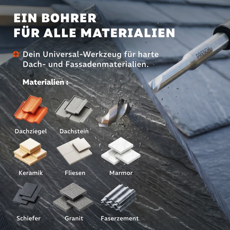 Dakpannenboor boort in een leisteenplaat, daaronder materiaalmonsters van dakpannen, dakpannen, keramiek, tegels, marmer, leisteen, graniet en vezelcement