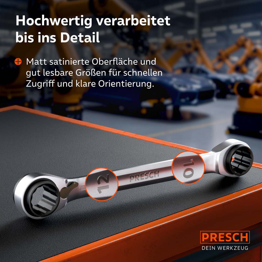De PRESCH ratchet‑sleutel in de detailweergave, die de hoogwaardige, mat‑satinatie oppervlakteafwerking en de grote, duidelijk leesbare maatstempels toont voor snel grijpen in de dagelijkse werkomgeving.