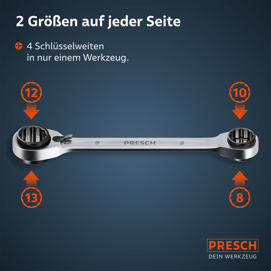 Een schematische weerg van het gereedschap legt de 4‑in‑1 functie uit: Elke kant van de dubbele ratel sleutel bevat twee verschillende maten (17/19 mm en 10/13 mm) door overlappende ringprofielen.