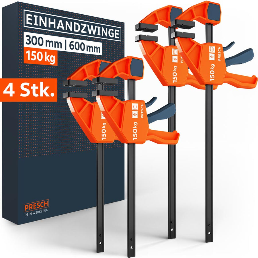 PRESCH Eenhandklemmen set bestaande uit twee 300mm en twee 600mm klemmen met elk 150kg klemkracht. De professionele oranje‑zwarte snelklemmen zijn afgebeeld op de productverpakking.