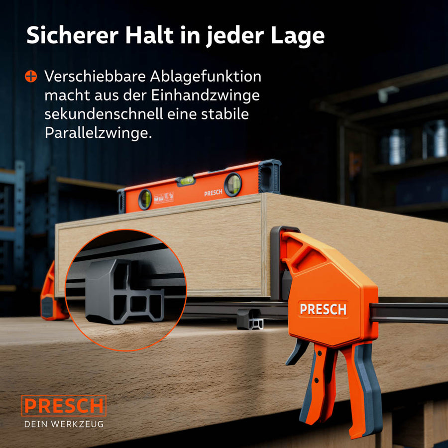 Innovatief ontwerp: De verplaatsbare legfunctie aan het einde van de rails maakt het horizontaal plaatsen van de klem op de werkbank mogelijk, waardoor deze een stabiele parallelle klem wordt.