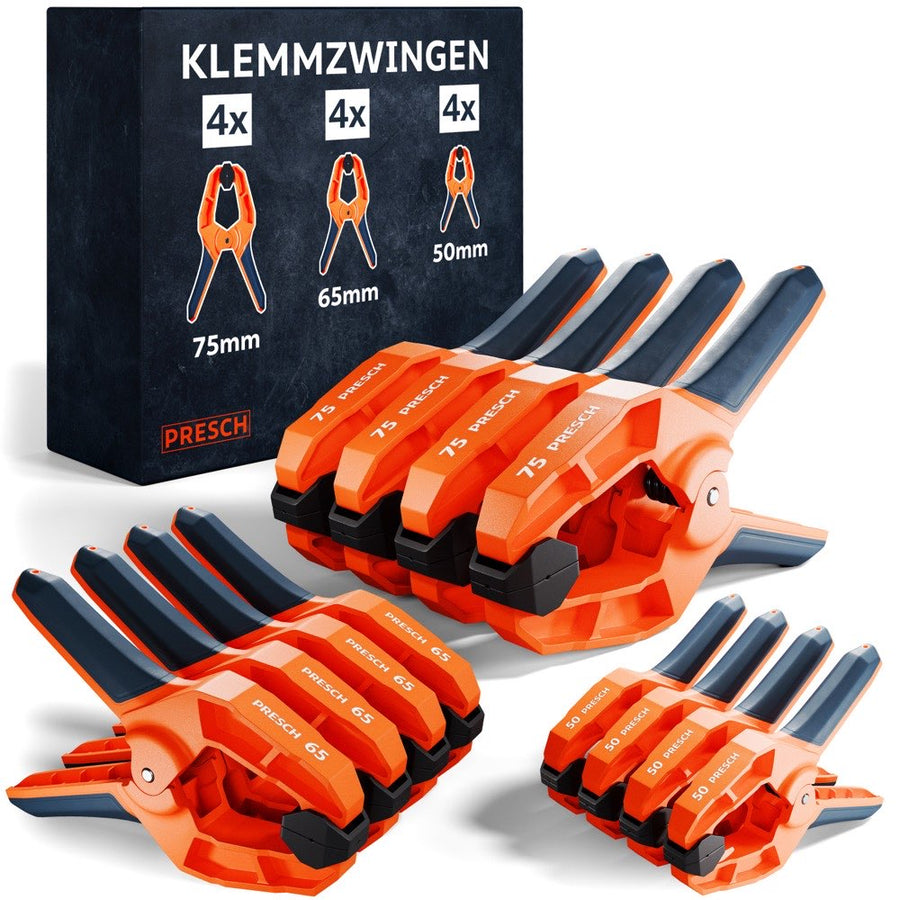 PRESCH veerklemmen set 12 stuks, elk 4x 50, 65 en 75 mm met verpakking in overzicht