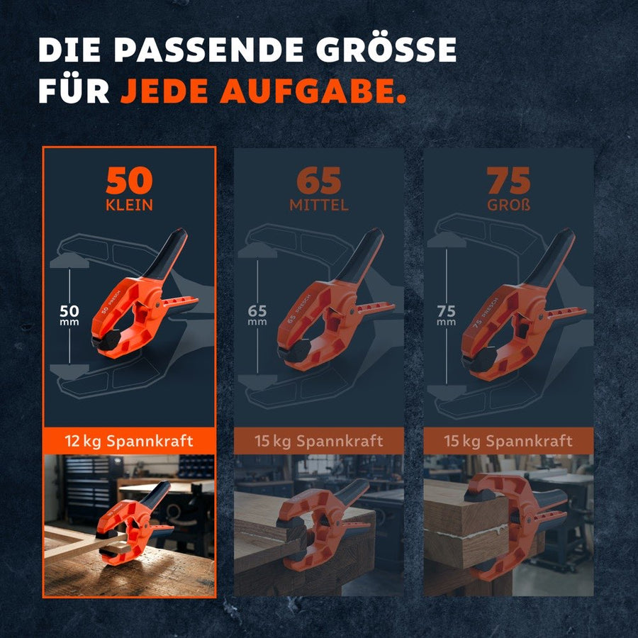 Vergleich der drei Größen 50, 65 und 75 mm mit 12 bzw. 15 kg Spannkraft beim Klemmen von Holz.