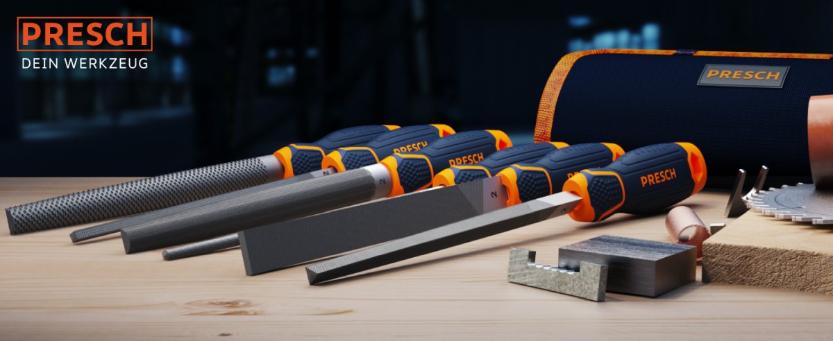 PRESCH Feilenset 6-teilig mit ergonomischen Griffen auf Holzoberfläche, inklusive Flachfeilen und Rundfeilen in einer Tragetasche.