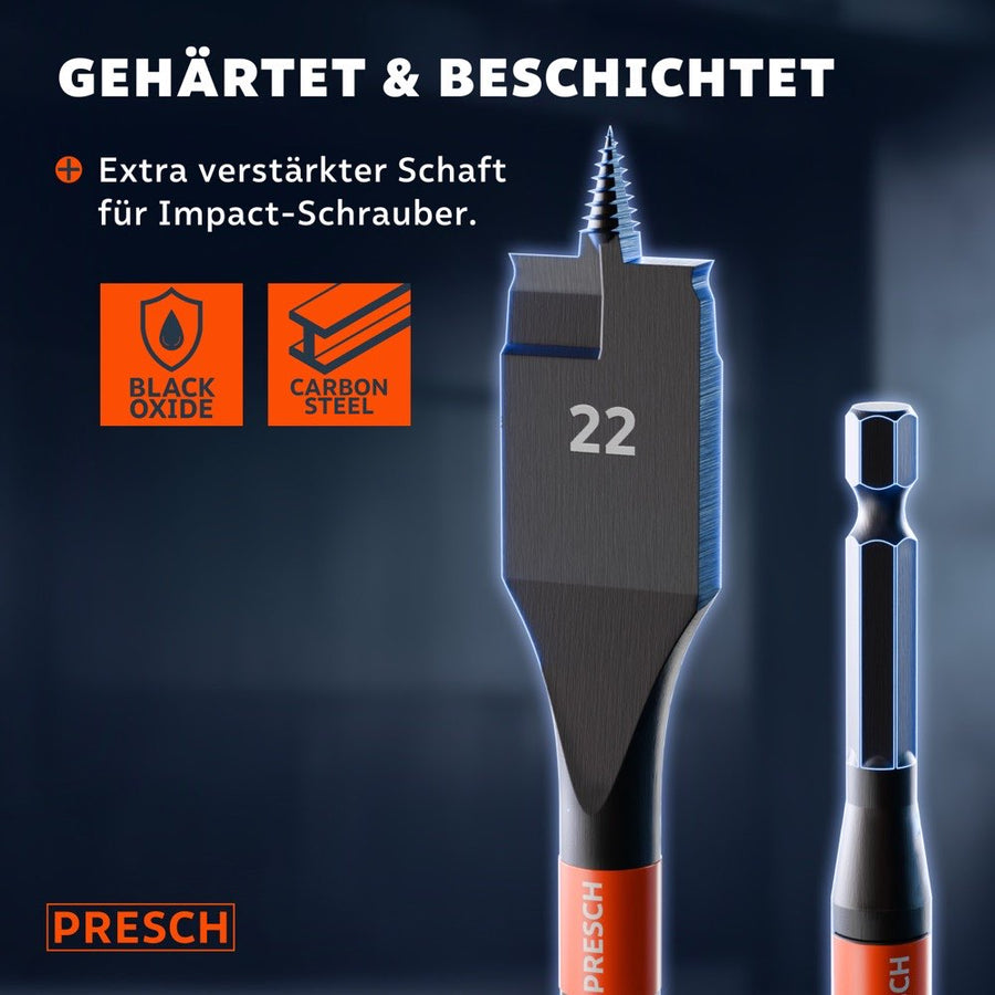 Nahaufnahme eines 22mm Flachfräsbohrers aus Carbon-Steel mit Black-Oxide-Beschichtung und verstärktem Schaft, daneben der freiliegende Sechskantschaft