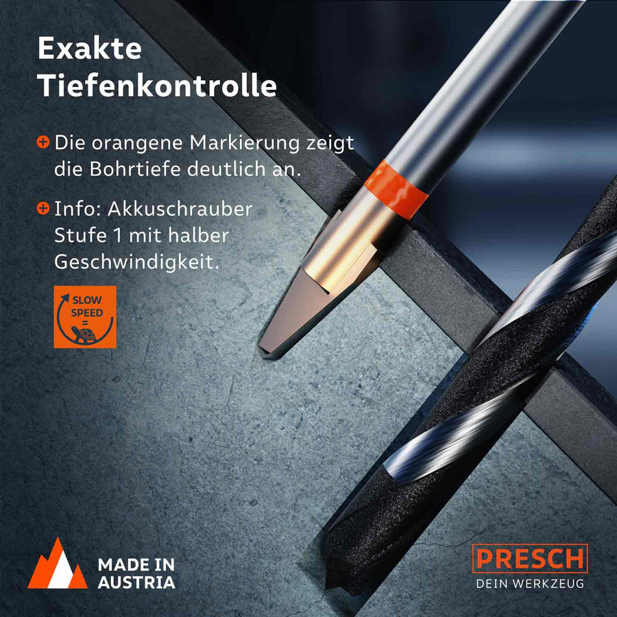 Forets à carrelage et à béton PRESCH avec contrôle de profondeur exact et marquage orange frappant pour travaux de précision, fabriqué en Autriche.