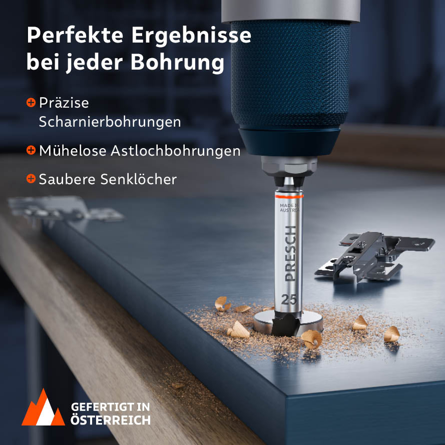 Perfecte resultaten bij elke boring: De 25 mm boor wordt gebruikt voor precieze scharnierboringen, takgaten en nette verzinkde gaten in meubelbouw.