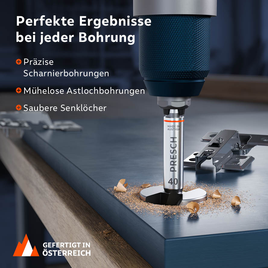 Perfekte Ergebnisse bei jeder Bohrung: Der 40mm Bohrer im Einsatz für präzise Scharnierbohrungen, Astlochbohrungen und saubere Senklöcher im Möbelbau.
