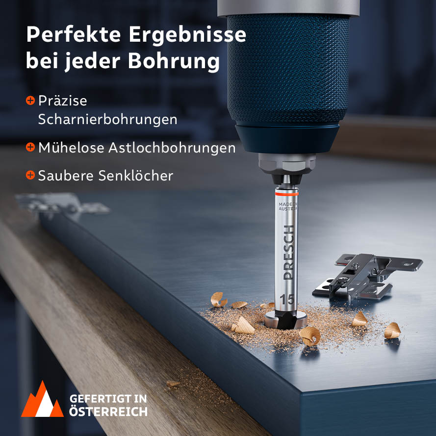 Perfekte Ergebnisse für Möbelbau und Handwerk: Ideal für präzise Scharnierbohrungen (Topfbänder), mühelose Astlochbohrungen und saubere Senklöcher.