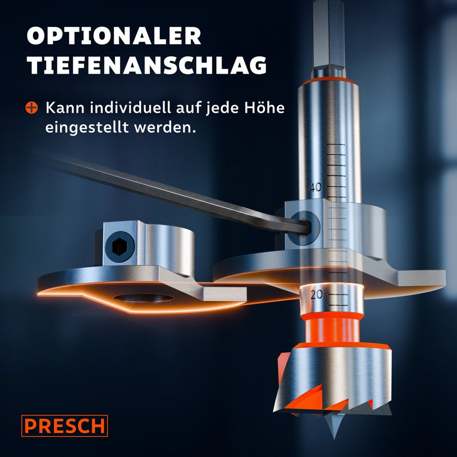 Verstellbarer Tiefenanschlag mit Skala und Schraube lässt sich auf jede Bohrtiefe einstellen.