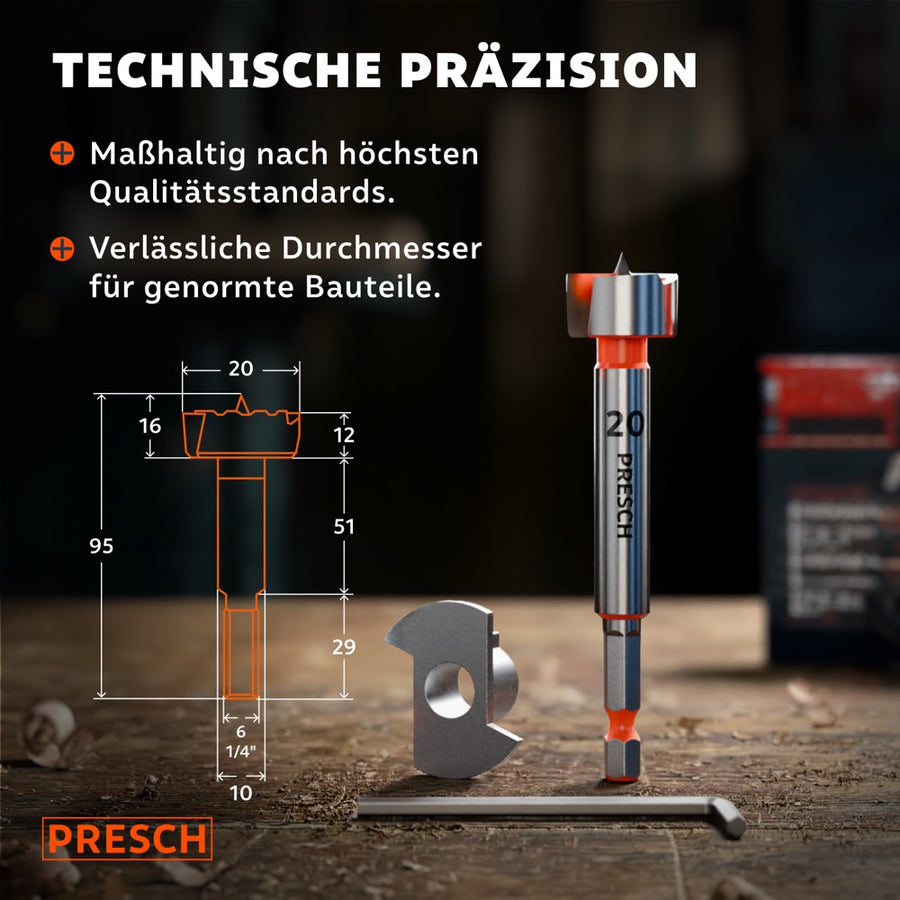 Technische Zeichnung mit Maßangaben neben dem Forstnerbohrer 20mm und passendem Inbusschlüssel.
