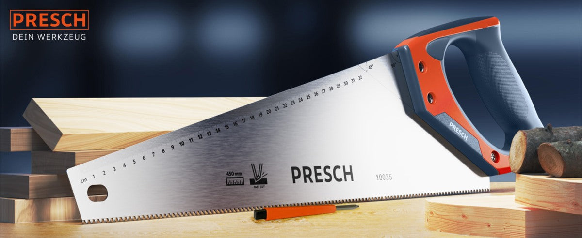 PRESCH Fuchsschwanzsäge 450mm für Holzbearbeitung mit Messskala und ergonomischem Griff.