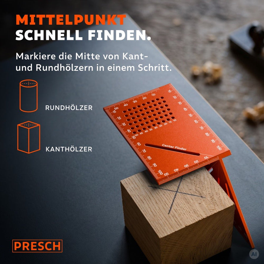 Integrierter Center Finder markiert den Mittelpunkt eines quadratischen Holzklotzes mit einem Kreuz
