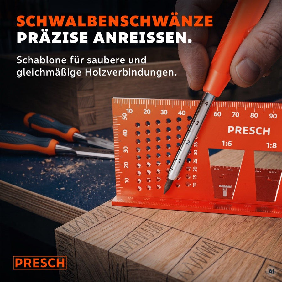 Schwalbenschwanzschablone mit Ausschnitten im Verhältnis 1:6 und 1:8 dient zum Anzeichnen von Holzverbindungen