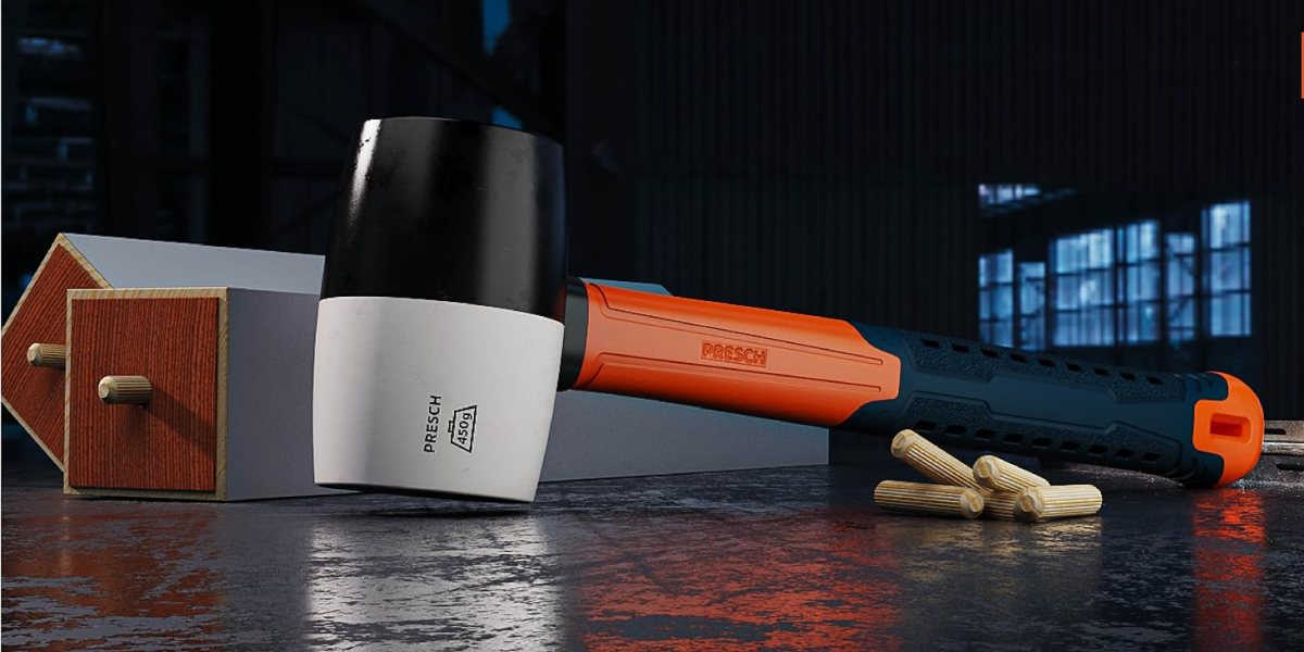 PRESCH Gummihammer in Schwarz und Weiß auf Werkbank, Schonhammer, Ausbeulhammer