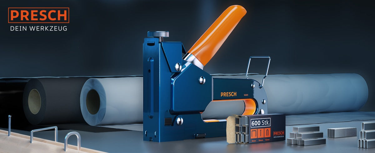 Presch Handtacker aus Metall, hochwertiges Tackerwerkzeug mit Klammern auf einem Arbeitstisch