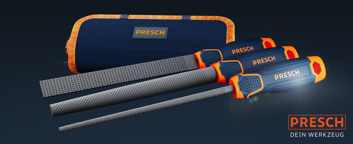 Dreiteiliges Presch Holzraspel Set mit Feilen und Raspeln für Holzbearbeitung in orangefarbener Tasche.