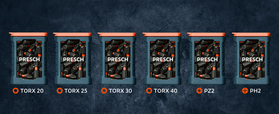 Sechs PRESCH Spenderboxen mit Impact Bits in verschiedenen Größen nebeneinander
