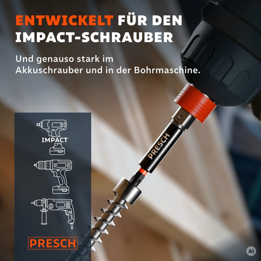 Impact Bit im Schlagschrauber, daneben Symbole für Schlagschrauber, Akkuschrauber und Bohrmaschine